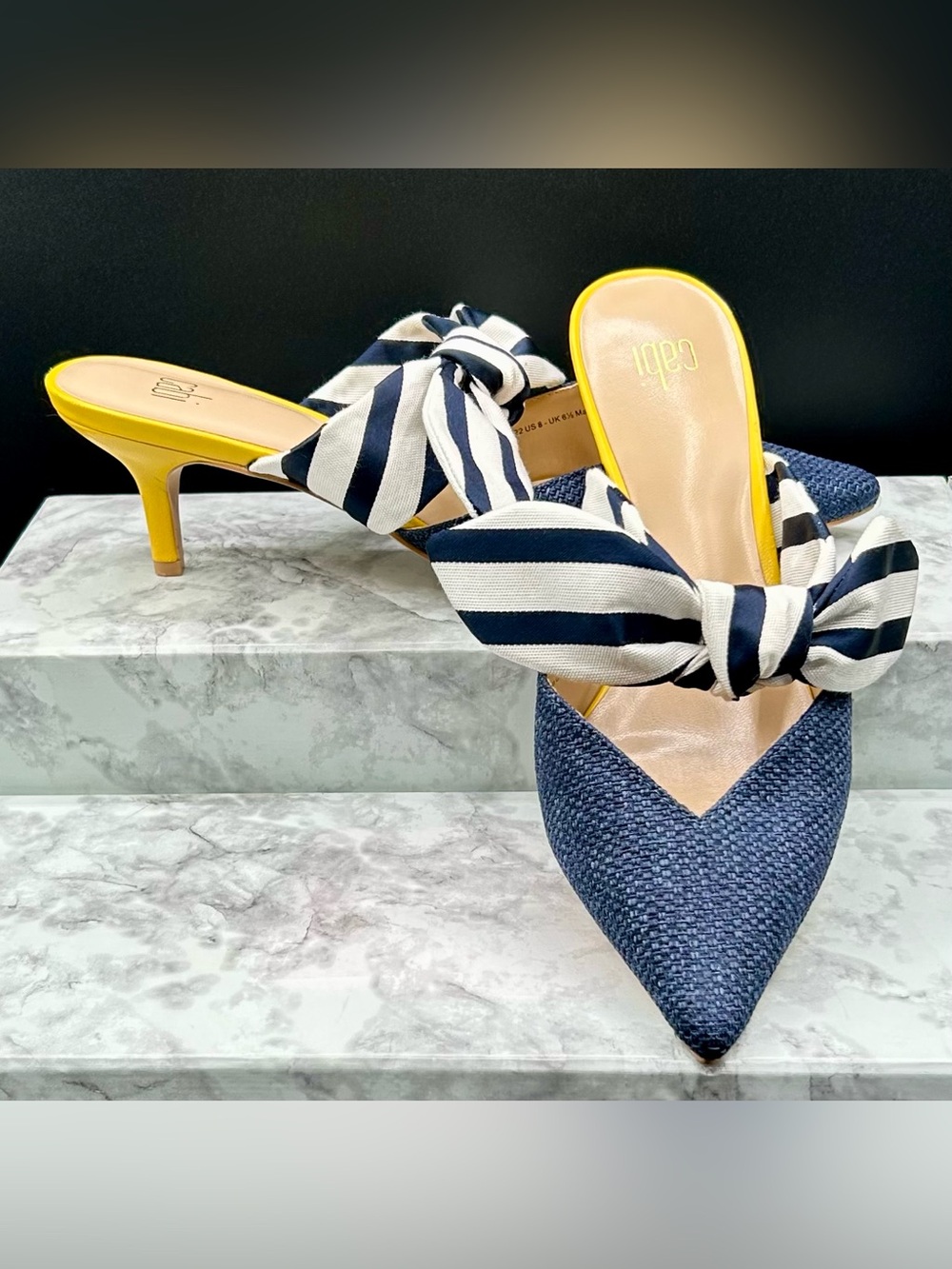 CABI Bow Kitten Heel Mules in Navy Blue with Bow -Bright Yellow Heel. Size 8